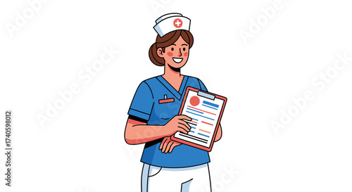 Smiling female nurse holding clipboard in uniform with professional healthcare attire
