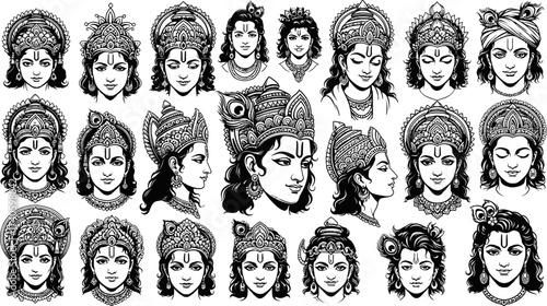Diverse Krishna Faces Black and White Illustrations Collection