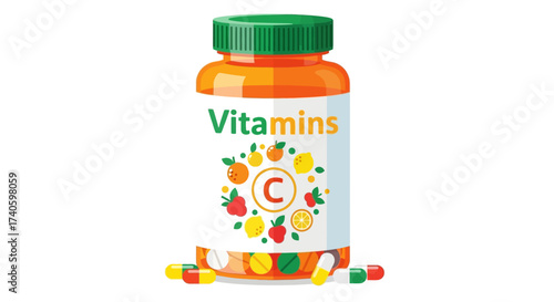 Vitamin C supplements in a bottle, featuring vibrant illustrations of fruits and tablets on the