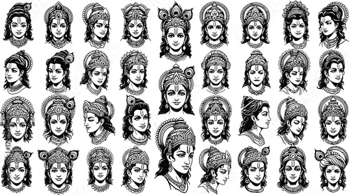 Collection of Indian God Krishna Faces with Peacock Feather and Ornate Crowns