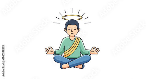 Meditating cartoon character with halo emanating positive energy for relaxation promotion