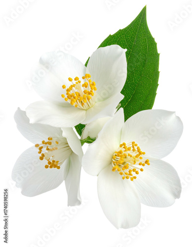 Close-up of three white jasmine flowers with green leaves (3)