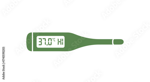 Stylized icon illustration of a green digital thermometer displaying a high fever reading