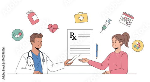 Doctor providing prescription to patient with healthcare elements illustration