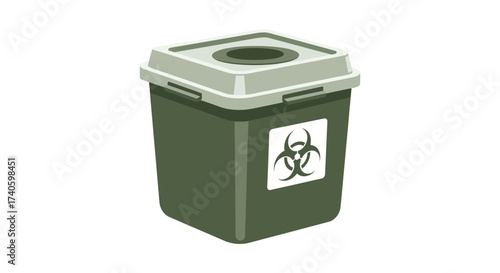 Isometric illustration of a green biohazard waste container isolated on white background