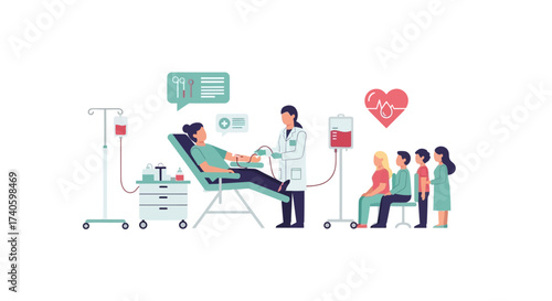 Blood donation process with medical staff and donors waiting in line illustration