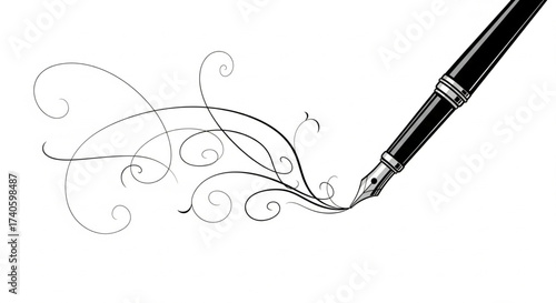 Illustration of a fountain pen drawing swirling lines and flourishes on a white background.