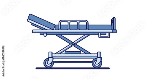 Illustration of a gurney with adjustable backrest and wheels for patients transport