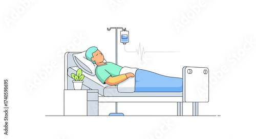 Patient resting in hospital bed with iv drip illustration showcases recovery