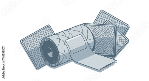 First aid essentials: Illustration of medical bandage and sterile gauze pads in soft tones