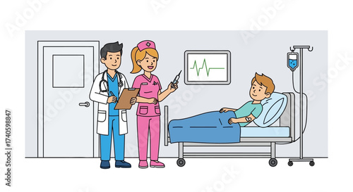 Medical care illustration depicting a doctor, nurse, and patient in a hospital setting showing