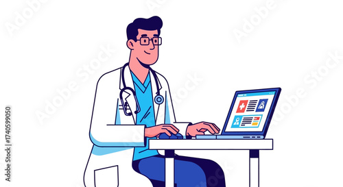 Digital healthcare innovation Doctor interacting with online patient portal and laptop