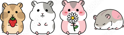 Cute hamster clipart set, kawaii rodents with strawberry, flower, sleeping hamster illustration, adorable pet vector artwork, cartoon hamster collection, funny animal design