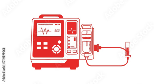 Detailed line drawing of medical equipment for intravenous treatment in vibrant red color medical