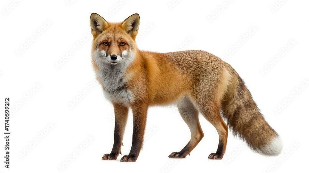 Fototapeta premium Red Fox Standing Isolated on White Background – Realistic Animal Photo 
