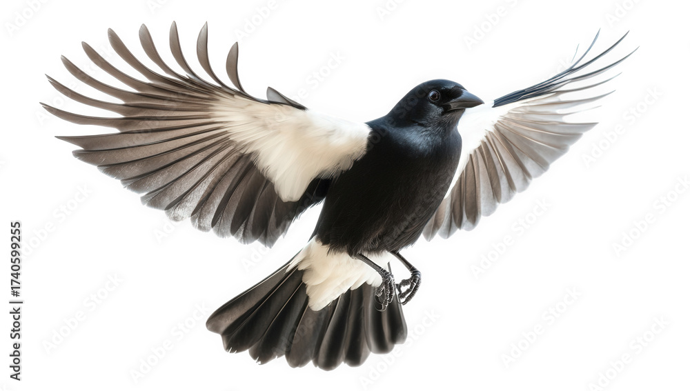 Naklejka premium A magpie with black and white plumage is captured midflight, its wings fully extended against an isolated on transparent background, showcasing its elegant form