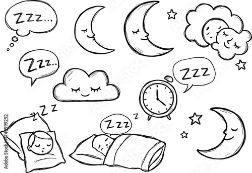 Cute hand drawn sleeping doodles, moon cloud stars illustration, bedtime sketch vector design, child sleep cartoon artwork, night time rest decoration