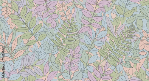 Pastel-colored botanical illustration featuring a dense arrangement of various leaves and foliage.