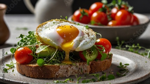 Delicious sunny-side-up egg on whole grain toast with fresh vegetables and herbs, ideal for breakfast or brunch meal