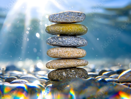 Underwater Zen Stone Stack with Sun Rays