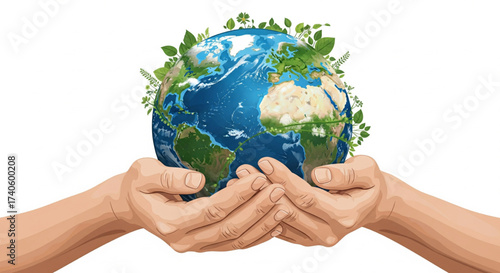 Hands holding a globe with greenery, symbolizing environmental care and sustainability.