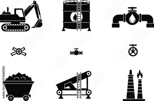 Industrial energy icons set, oil refinery equipment, gas pipeline valve, coal mining cart, excavator machine, fuel storage tank, petroleum industry symbols