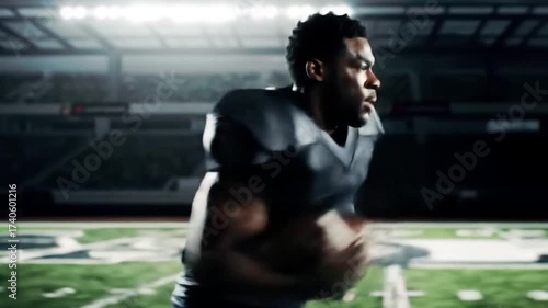 Football player runs in stadium spotlight