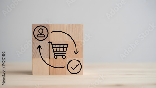 Customer journey visualized with shopping cart, person icon, and checkmark on wooden blocks, representing a successful purchase