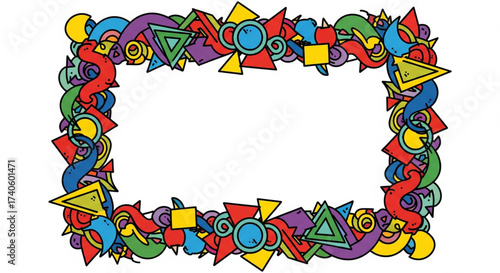 A colorful rectangular frame with various geometric shapes and curvy lines surrounding a blank space.