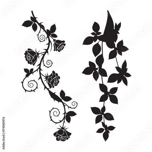 Vector art of black silhouette of rose vine and leaves silhouette art design