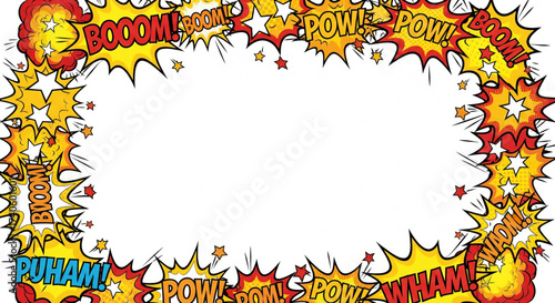 Comic book style frame with onomatopoeia such as "Boom", "Pow", "Wham", and starbursts on a white background.