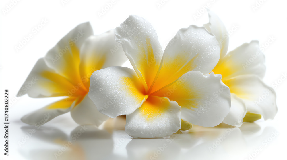 Fototapeta premium Three white and yellow plumeria flowers with water droplets rest on a reflective white surface in soft lighting
