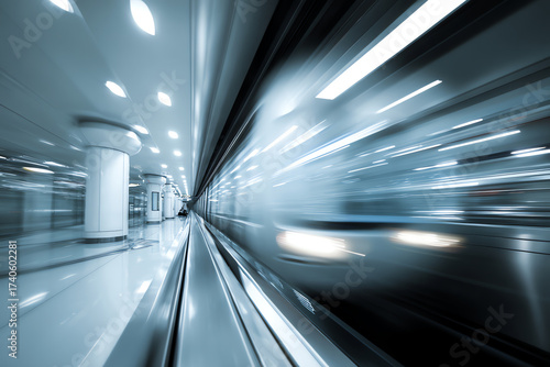 A high-speed train zooms through a sleek, modern underground station with bright lighting, capturing motion blur and futuristic ambiance in a metallic, blue-toned environment