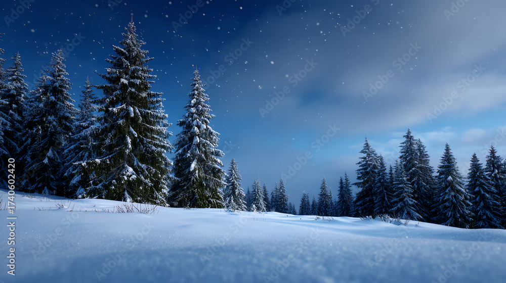 Obraz premium Snow-covered pine trees under a clear night sky with stars glowing, creating a serene winter landscape blanketed in fresh, untouched snow