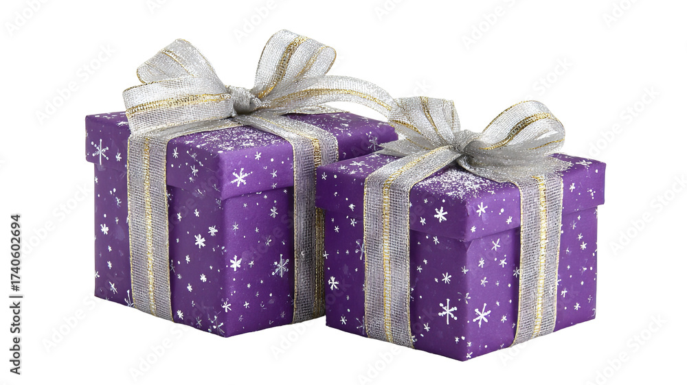 Obraz premium Purple gift boxes with satin ribbons arranged neatly on clean background festive present display for holiday gifting celebrations product mockups greeting cards and social media visuals