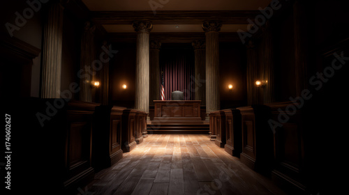 Empty courtroom with wooden floors, ornate columns, and a judge's bench illuminated by warm lighting, featuring an American flag in the background