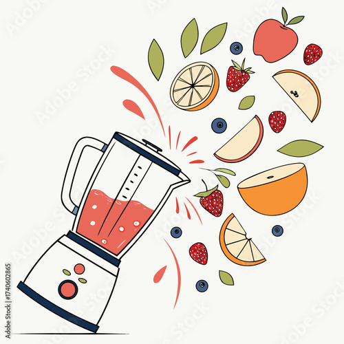 A blender is shown with a pink liquid inside surrounded by flying fruits and leaves suggesting a healthy smoothie preparation