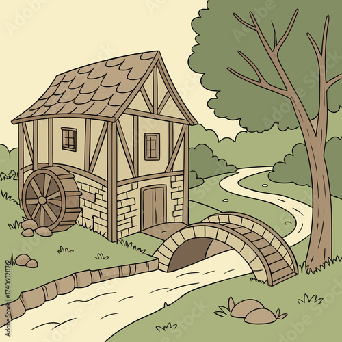A charming cartoon illustration of a historic watermill with a wooden wheel beside a flowing stream and a stone bridge leading to a winding path through a lush green forest