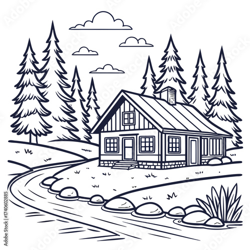 A charming hand drawn illustration of a rustic cabin nestled amongst tall pine trees beside a winding stream with smooth stones and fluffy clouds in the sky
