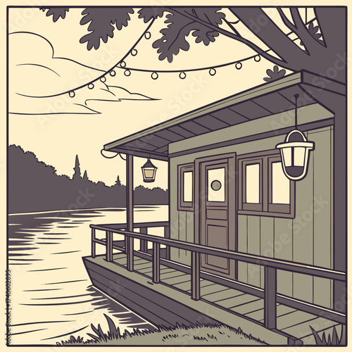 A charming stylized illustration of a houseboat docked on a calm river with a tree and string lights overhead