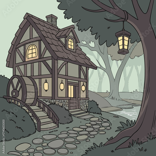 Charming medieval watermill nestled beside a tranquil forest stream with a hanging lantern illuminating the path