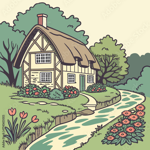 Charming thatched roof cottage with a winding path and vibrant flowers in a lush garden setting