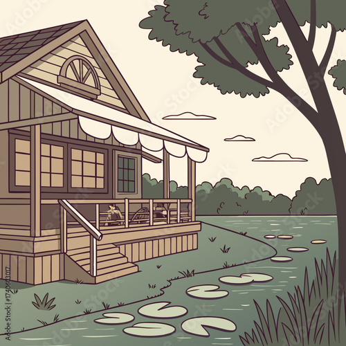Cozy wooden cabin with a porch overlooking a serene lake with lily pads and lush green trees under a cloudy sky