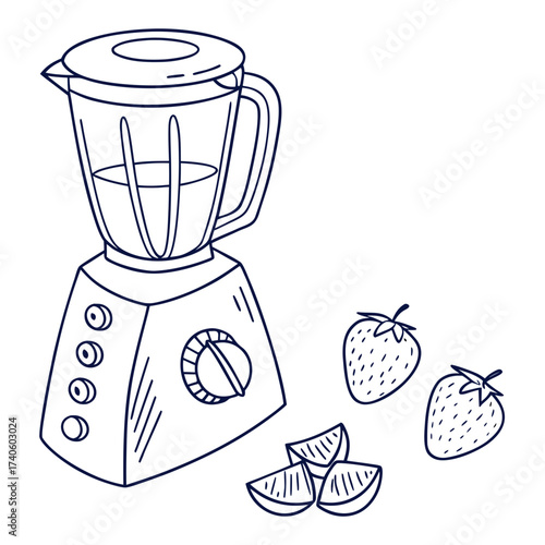 Hand drawn outline illustration of a blender with strawberries and citrus slices perfect for healthy recipes and kitchen themes