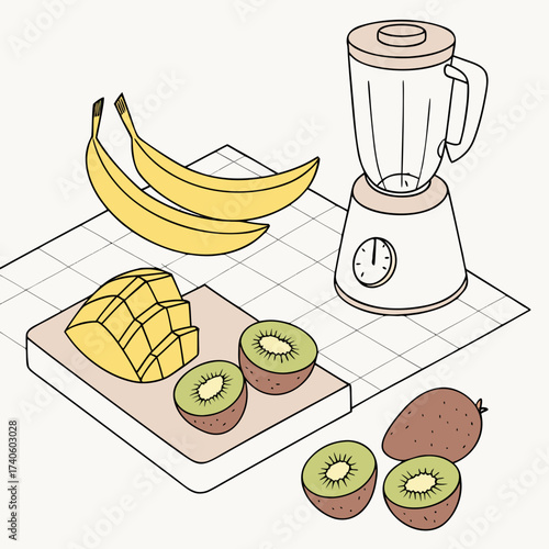 Fresh ingredients including bananas mango and kiwi are prepared on a cutting board next to a blender for making a healthy smoothie