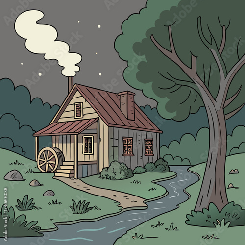 Cozy rustic wooden cabin with a water wheel and smoke coming from the chimney at night under a starry sky