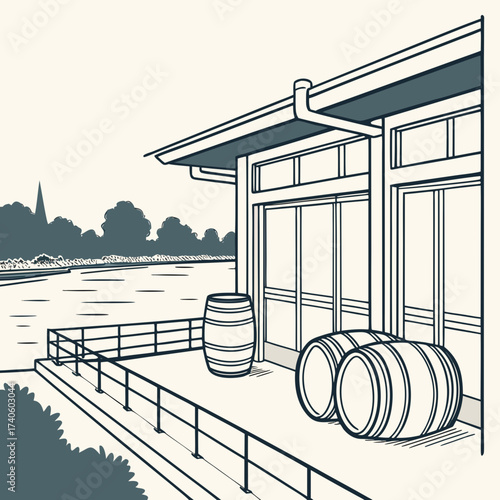 Illustration of a modern building with large windows and a deck overlooking a body of water with barrels
