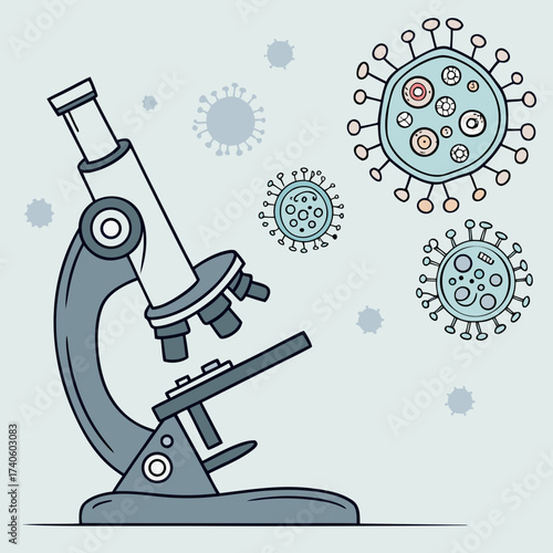 Microscope examining stylized coronavirus particles in a laboratory setting representing scientific research and disease discovery