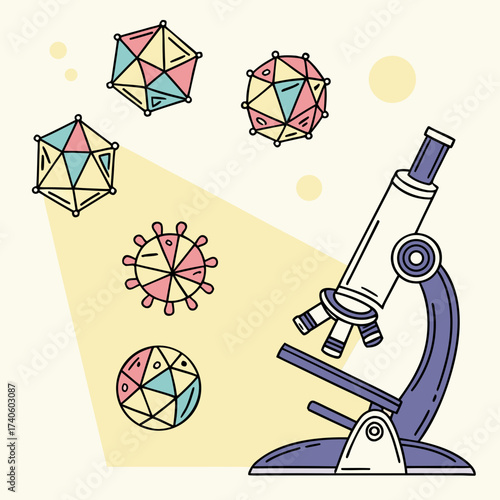 Microscope examining colorful geometric virus particles and abstract cellular structures in a scientific research concept illustration