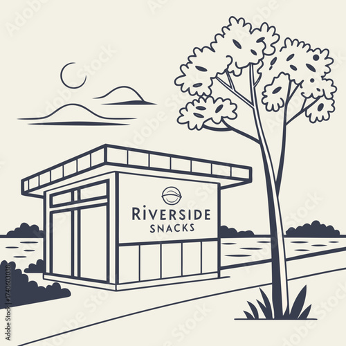 Minimalist line art illustration of a modern snack stand by a river with a tree and stylized sun and clouds